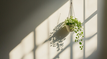 A window frame with one small, hanging plant, its shadow on a plain wall.