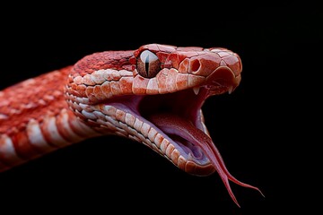 Fototapeta premium Close-up of a red snake with its mouth open, tongue out, against a black background.