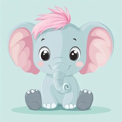 Naklejka premium Cute cartoon baby elephant with pink hair sitting.