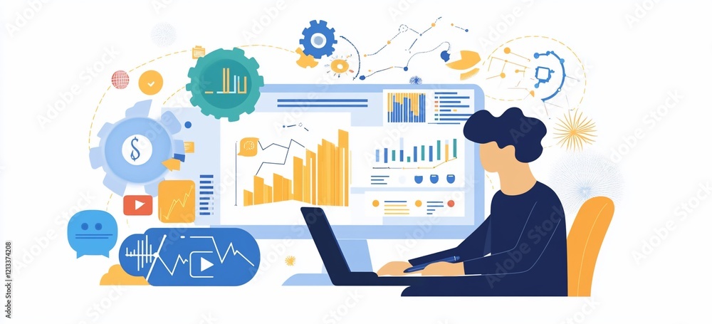 Aufkleber person analyzing data on computer screen with graphs and charts.