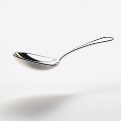 Gleaming silver spoon levitating against a white backdrop.
