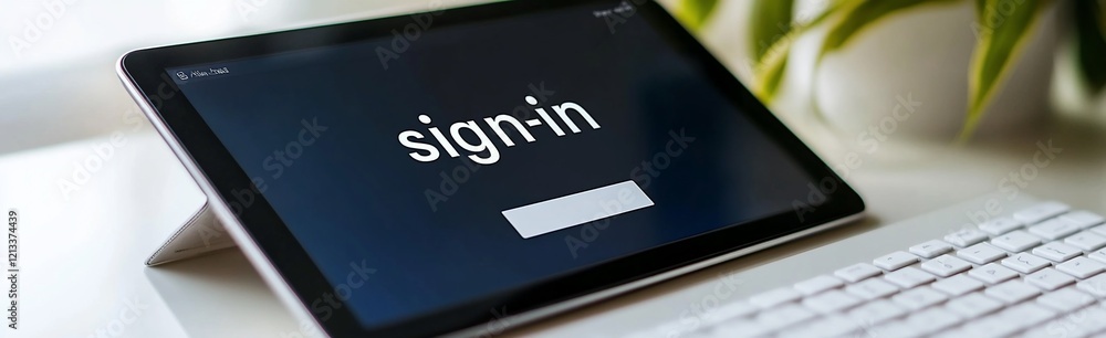 Poster tablet displaying a sign-in screen on a desk.