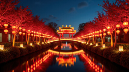 Fototapeta premium Illuminated Chinese Bridge & Lanterns - Cultural celebrations