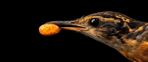 Close-up of a bird holding a berry in its beak against a black background.