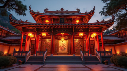 Fototapeta premium Illuminated Chinese Temple at Dusk - Asian architecture and culture