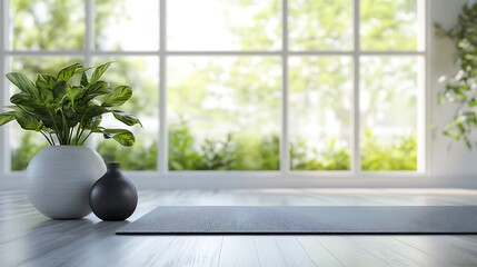 Serene minimalist room setting with yoga mat and plants