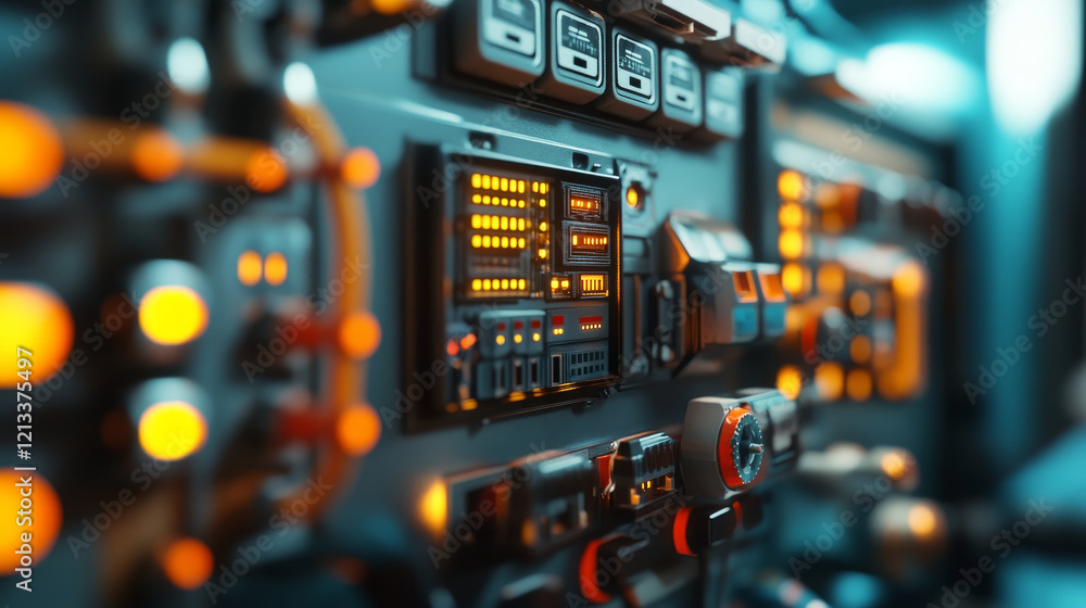 Poster control panel with illuminated buttons and switches