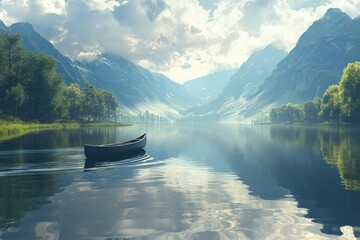 Obraz premium Calm canoe on serene mountain lake reflecting sunrise, nature escape