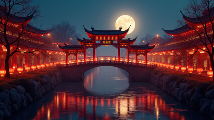 Obraz premium Lantern Lit Chinese Bridge Moon Night - Asian culture/architecture