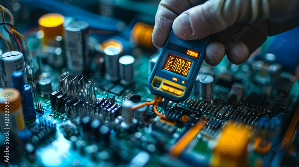 Poster measuring live circuits with multimeter on circuit board