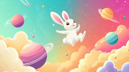 Adorable bunny rabbit floats among pastel planets and clouds in a whimsical space scene.