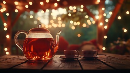 Glass Teapot Two Cups Evening Lights Wooden Table