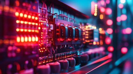 Obraz premium Colorful industrial electrical panel with glowing lights