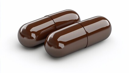 Two dark brown capsules isolated on white background.