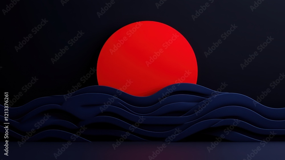 Poster abstract red orb on blue waves: a captivating minimalist 3d rendering, featuring a vibrant red orb f