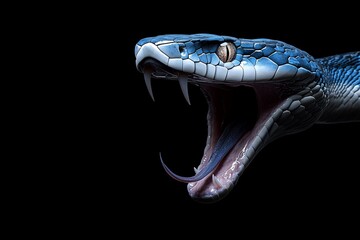 Close-up of a striking blue viper snake with open mouth and visible fangs, isolated on black background.
