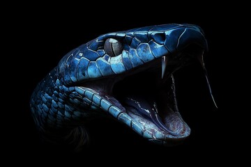 Close-up of a black mamba snake's head, fangs bared, against a black background.