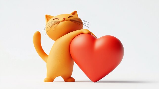 Cute cartoon cat hugging a large red heart.