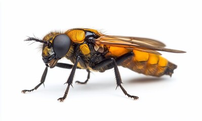 Close-up of a yellow and black insect on white background.
