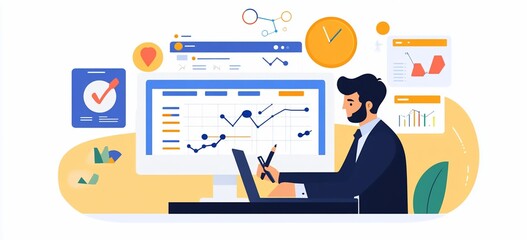 Businessman analyzing data on computer screen, charts, graphs, and diagrams.