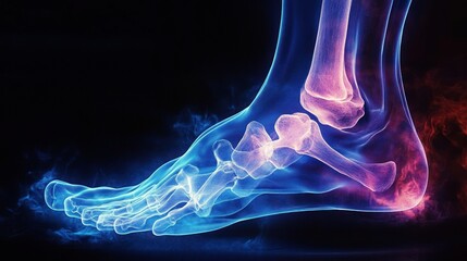 Vibrant X-ray of Foot with Neon Blue Highlights and Dramatic Lighting Featuring Hallux MTP1 Joint Surgery