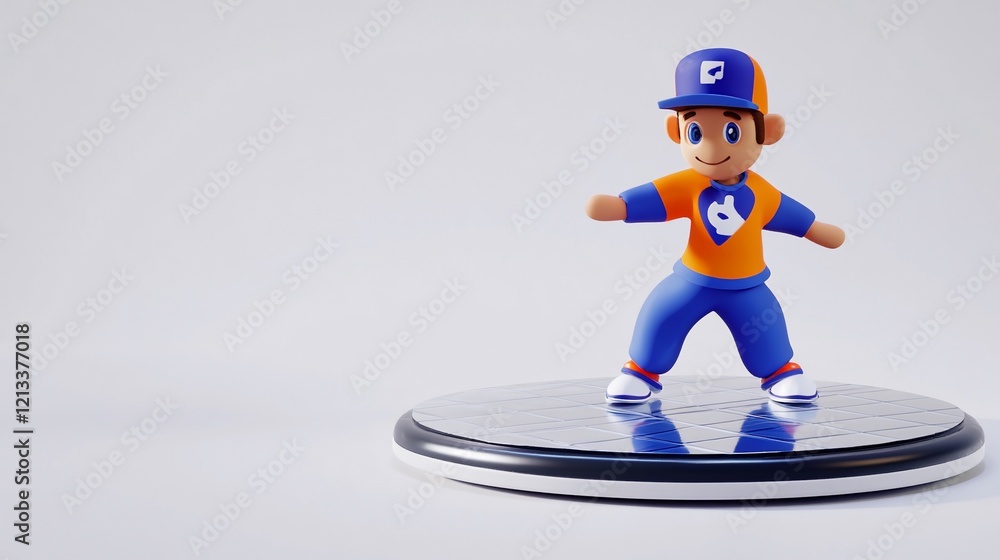 Poster 3d render of a happy cartoon delivery boy in a dynamic pose on a reflective surface.