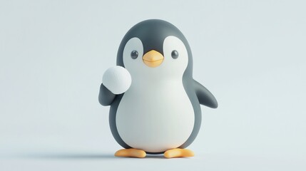 Cute cartoon penguin holding a snowball against a light blue background.