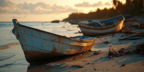 Beach Scene with Abandoned Boats Debris from Storm Sunset Reflection