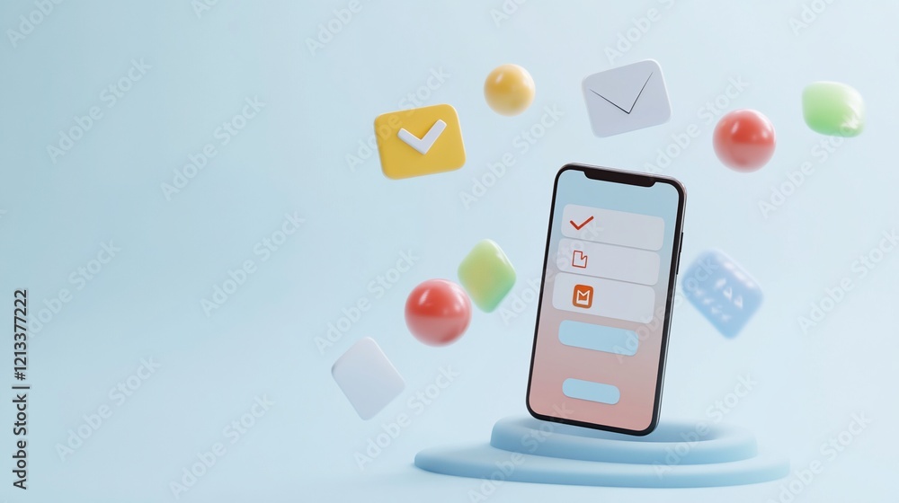 Aufkleber 3d render of smartphone with checklist and colorful app icons.