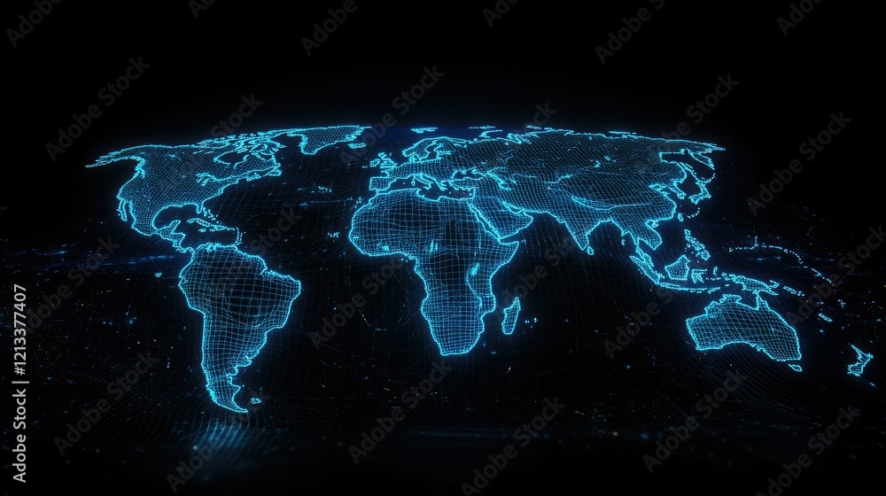 Poster high-tech digital world map displaying geographic borders and data points illuminated in bright blue