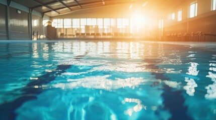 Tranquil Indoor Swimming Pool with Reflections of Sunlight on Water Surface, Ideal for Relaxation and Wellness Experiences in Leisure Spaces