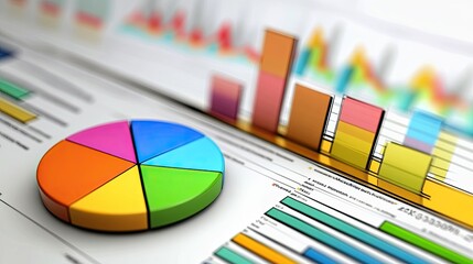 Analytics visualization featuring colorful pie charts, rising line graphs, and bold data points on a virtual screen