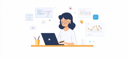 Woman working on laptop, surrounded by data charts and notes.