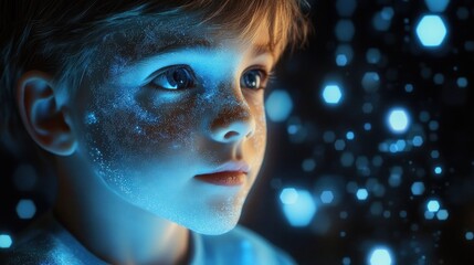 Fototapeta premium Child Engaged with Futuristic Tablet and Hologram Technology for Education and Privacy