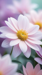 Close-up of a soft pink daisy with a yellow center, surrounded by blurred pastel flowers, on a gentle green background