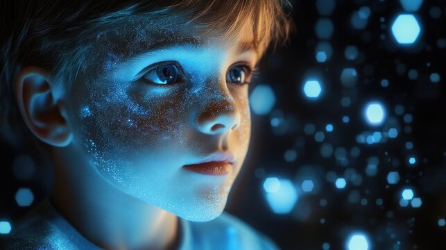 Child Engaged with Futuristic Tablet and Hologram Technology for Education and Privacy