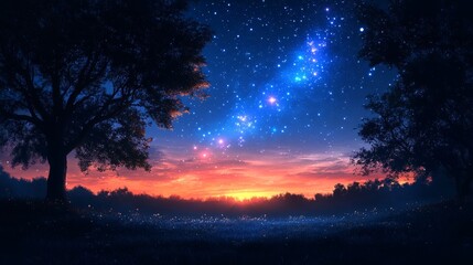 Naklejka premium Quiet countryside under the starry sky