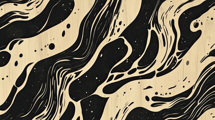 Obraz premium Artistic woodcut pattern in black and beige tones, featuring abstract organic textures for a calming aesthetic