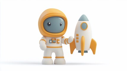Obraz premium Cute cartoon astronaut holding a small rocket.