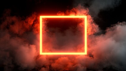 Glowing orange square neon frame in smoky dark background.