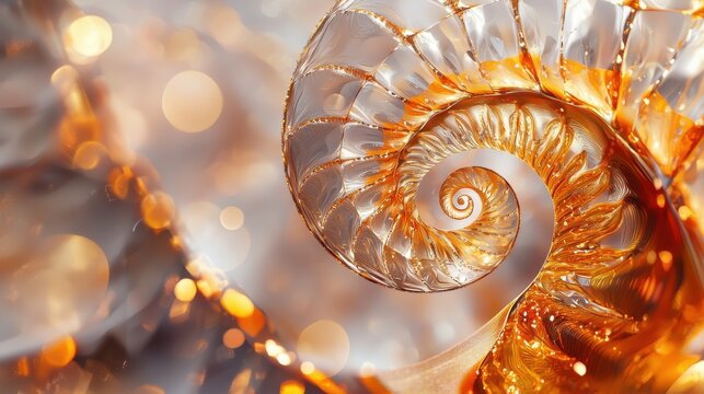 Glowing Nautilus Shell with Fibonacci Spiral Patterns in Natural Ethereal Light