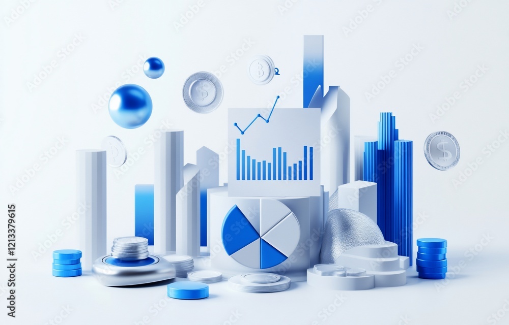Poster abstract 3d rendering of financial data, charts, and graphs.
