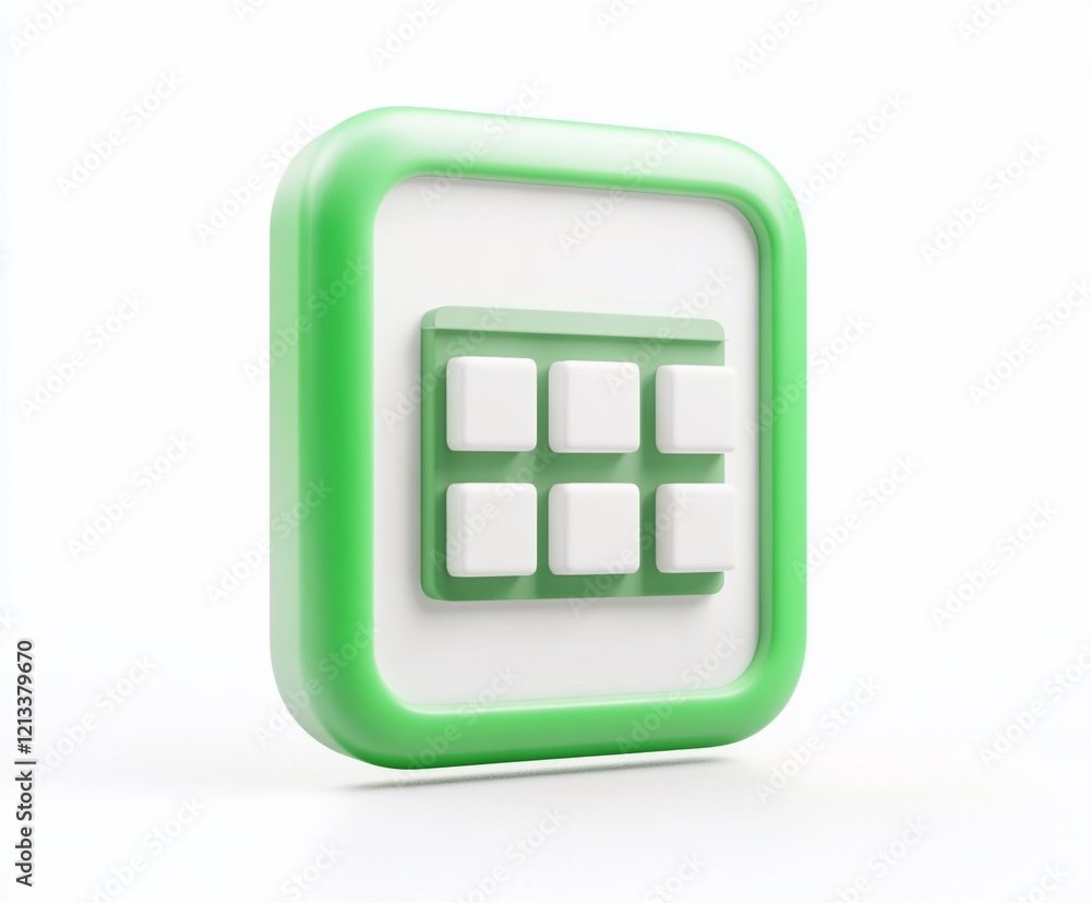 Poster 3d render of a green square button with a white grid inside.