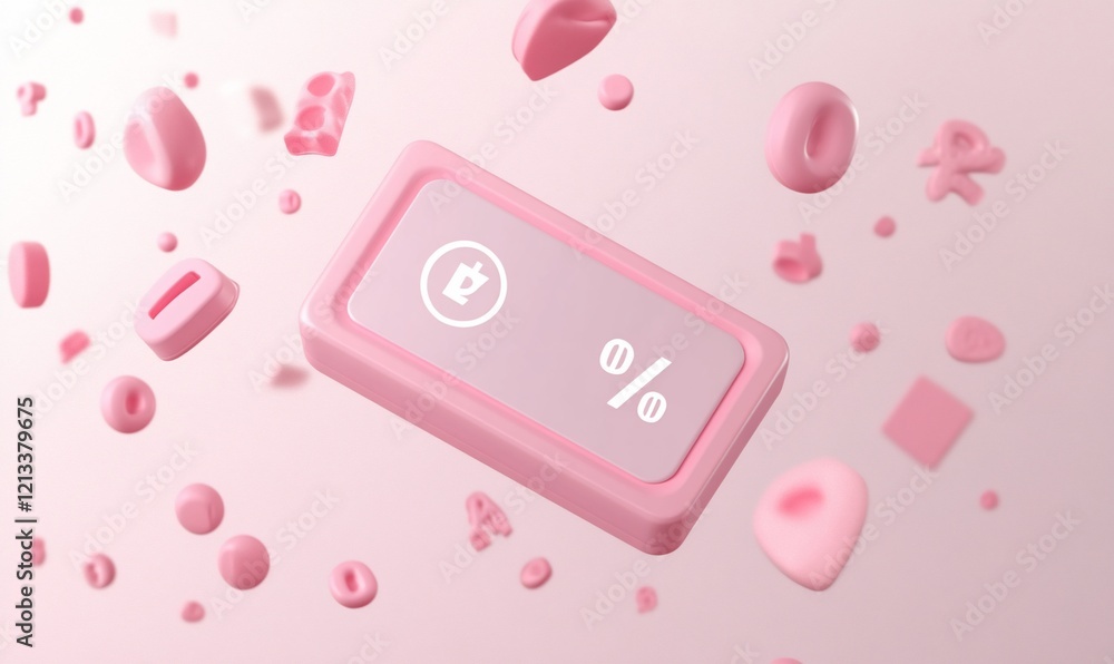 Poster pink 3d button with percentage symbol and abstract shapes.