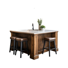Multifunctional Kitchen Island with Bar Stools and Sink on transparent background