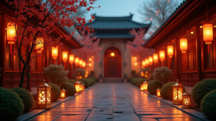 Fototapeta premium Serene Asian Temple Courtyard Bell - Game Assets