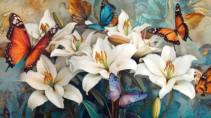 Monarch and Morpho Butterflies on White Lilies with Artistic Background