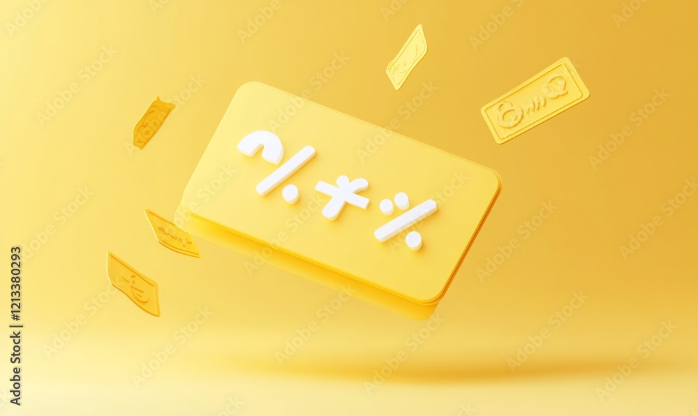 Poster yellow 3d button with percentage symbols and floating money notes.