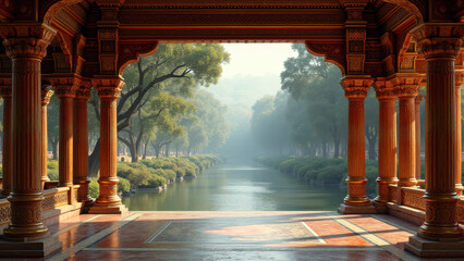 Serene Canal View from Ornate Pavilion - Architectural fantasy