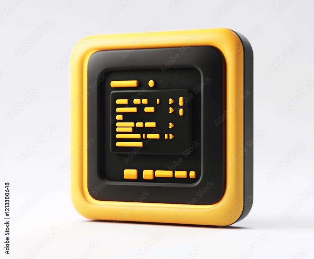 Wall mural 3d render of a yellow and black square app icon with code.